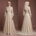 Champagne Flowing Wedding Dress – Lace Modest Hijab Style Muslim