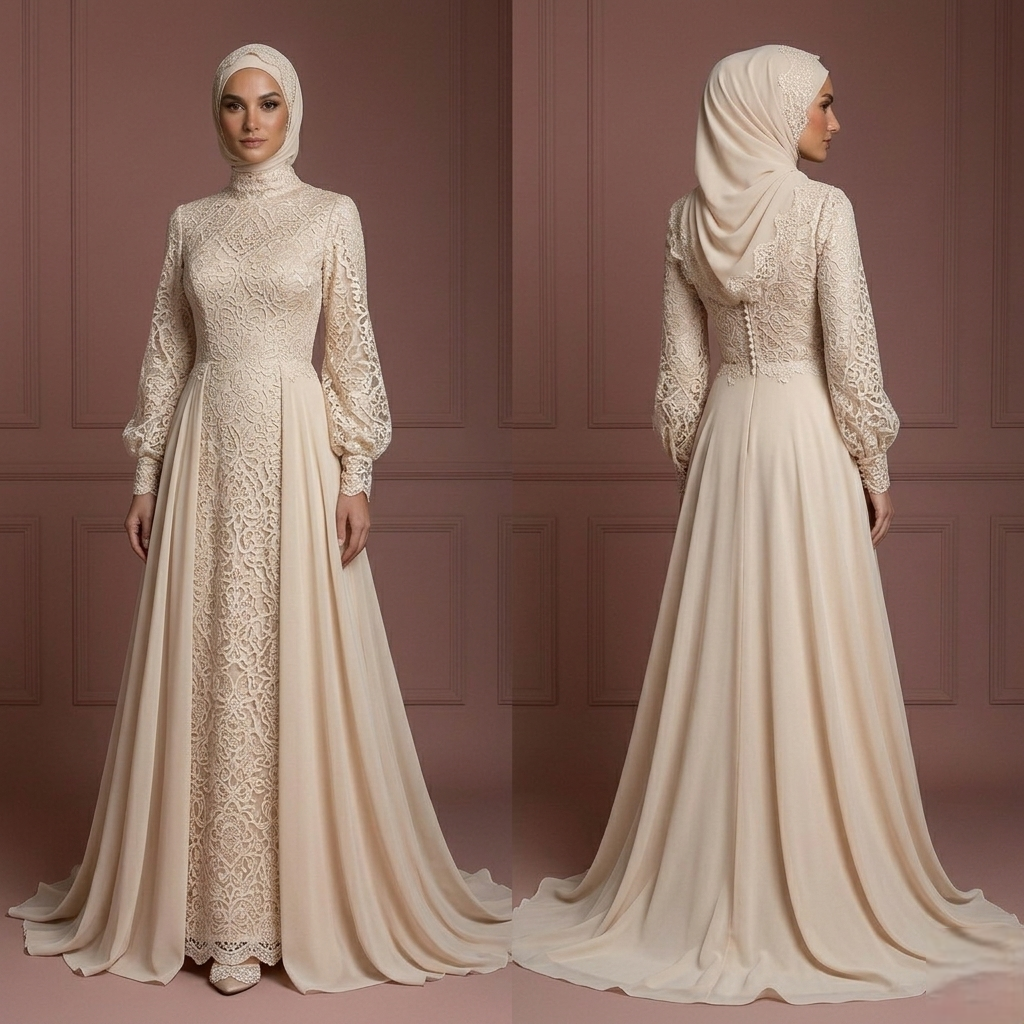 Champagne Flowing Wedding Dress – Lace Modest Hijab Style Muslim