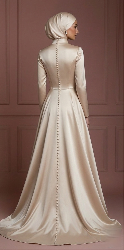 Champagne Hijab Bridal Wedding Dress Satin Modest Bridal Muslim