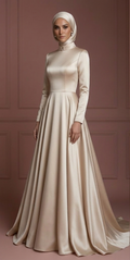 Champagne Hijab Bridal Wedding Dress Satin Modest Bridal Muslim
