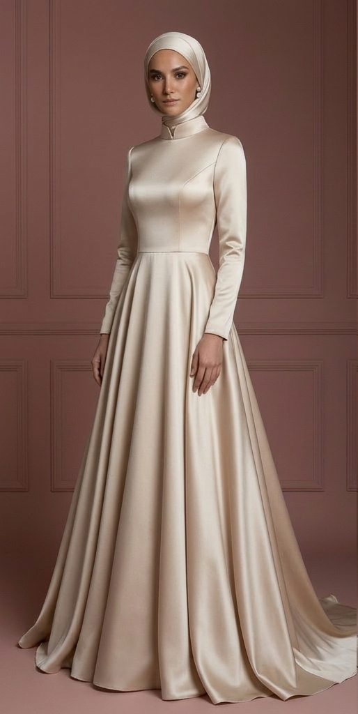 Champagne Hijab Bridal Wedding Dress Satin Modest Bridal Muslim