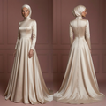 Champagne Hijab Bridal Wedding Dress Satin Modest Bridal Muslim