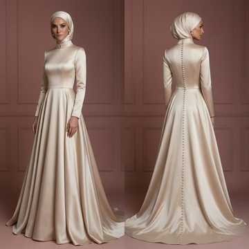 Champagne Hijab Bridal Wedding Dress Satin Modest Bridal Muslim