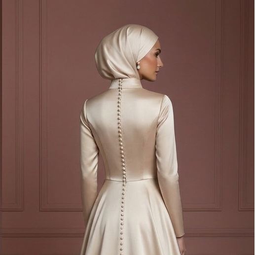 Champagne Hijab Bridal Wedding Dress Satin Modest Bridal Muslim