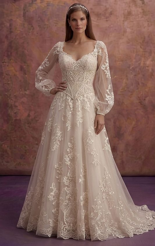 Champagne Lace A-Line Wedding Dress with Romantic Sleeves