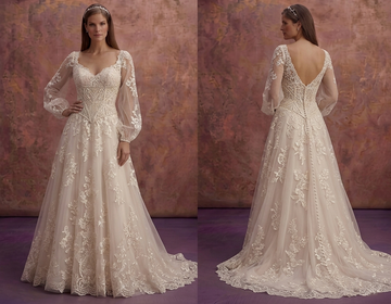 Champagne Lace A-Line Wedding Dress with Romantic Sleeves