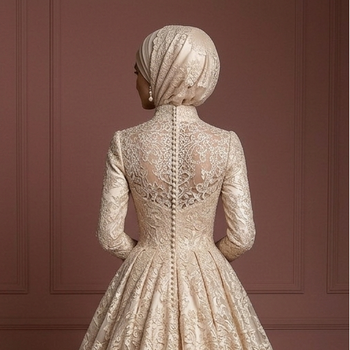 Champagne Lace Ball Gown – Elegant Muslim Wedding Dress with Hijab Muslim