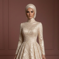 Champagne Lace Ball Gown – Elegant Muslim Wedding Dress with Hijab Muslim