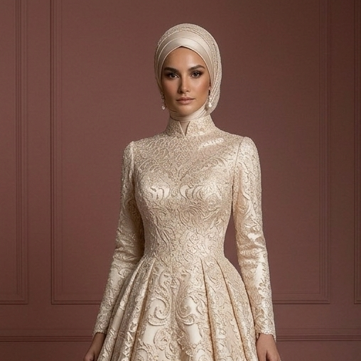 Champagne Lace Ball Gown – Elegant Muslim Wedding Dress with Hijab Muslim