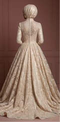 Champagne Lace Ball Gown – Elegant Muslim Wedding Dress with Hijab Muslim