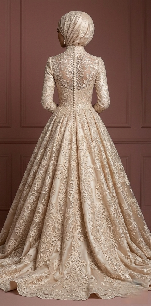 Champagne Lace Ball Gown – Elegant Muslim Wedding Dress with Hijab Muslim