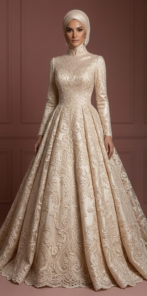 Champagne Lace Ball Gown – Elegant Muslim Wedding Dress with Hijab Muslim