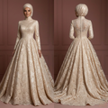 Champagne Lace Ball Gown – Elegant Muslim Wedding Dress with Hijab Muslim