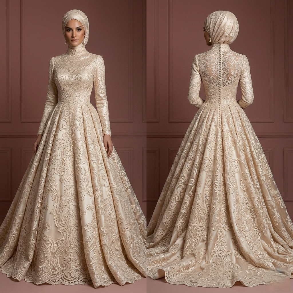 Champagne Lace Ball Gown – Elegant Muslim Wedding Dress with Hijab Muslim