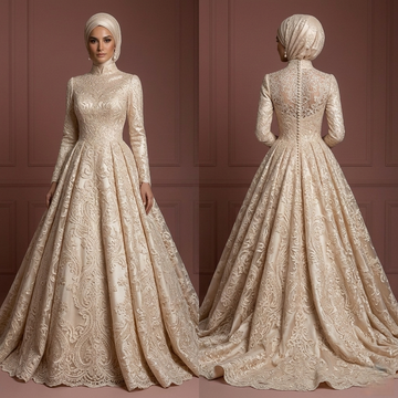 Champagne Lace Ball Gown – Elegant Muslim Wedding Dress with Hijab Muslim