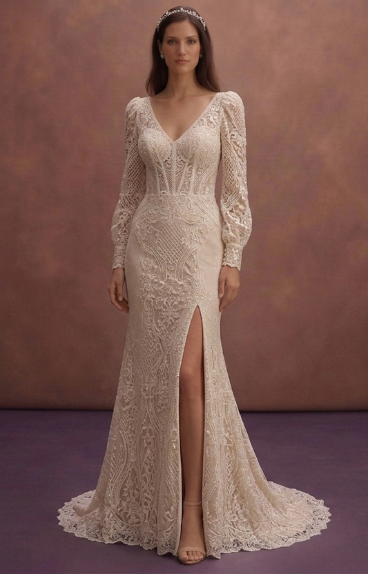 Champagne Lace Fit and Flare Wedding Dress