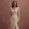 Champagne Lace Fit and Flare Wedding Dress with Train