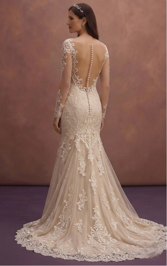 Champagne Lace Fit and Flare Wedding Dress with Train