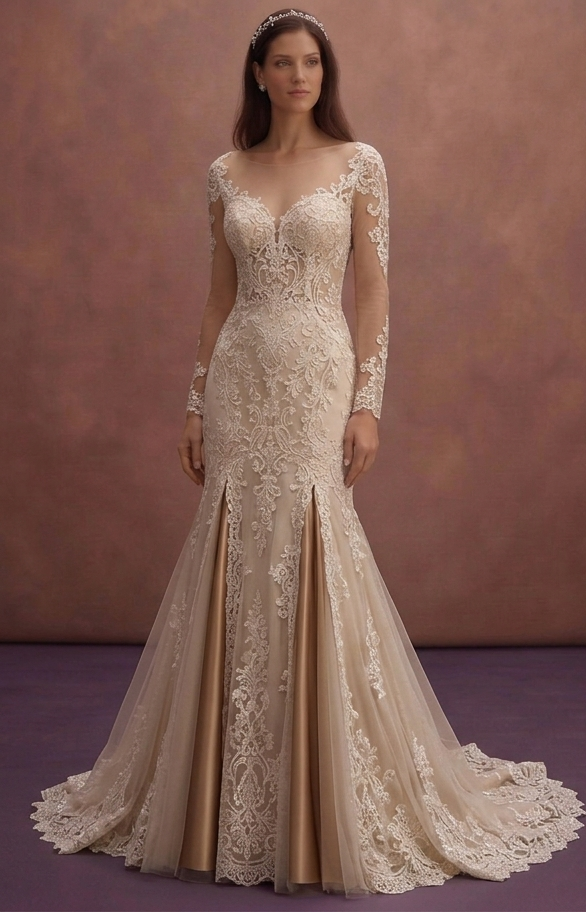 Champagne Lace Fit and Flare Wedding Dress with Train