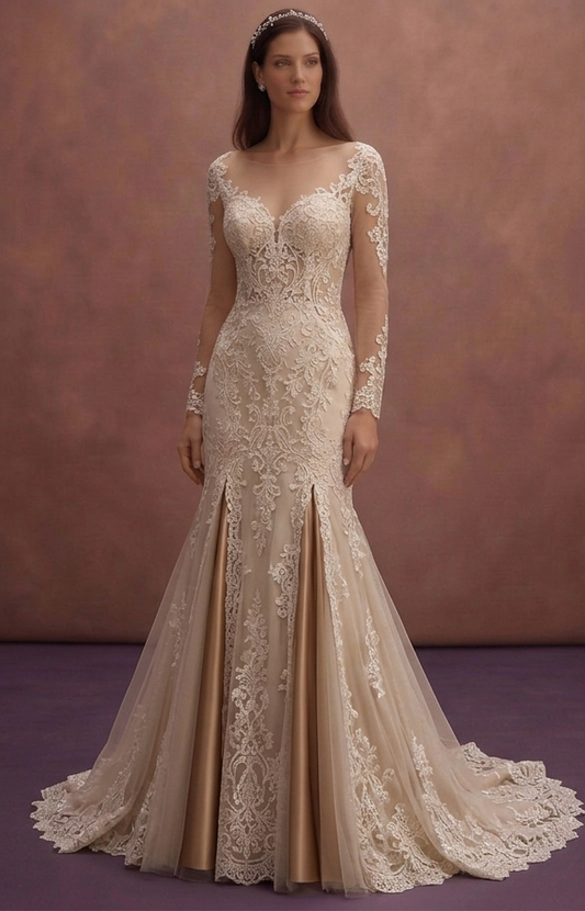 Champagne Lace Fit and Flare Wedding Dress with Train
