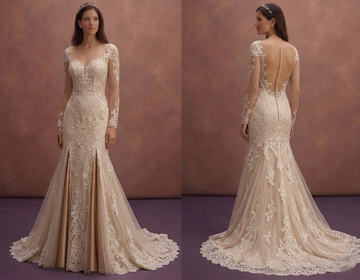 Champagne Lace Fit and Flare Wedding Dress with Train