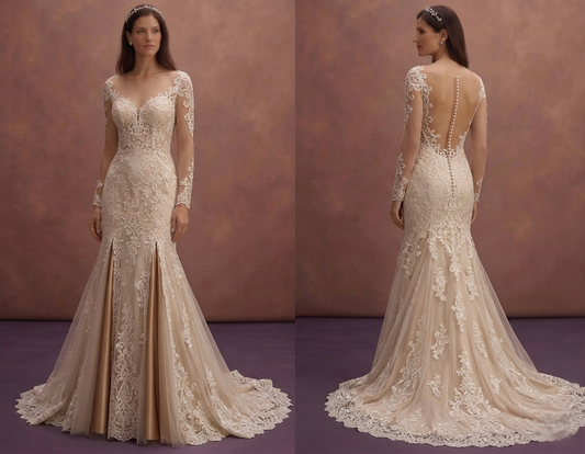 Champagne Lace Fit and Flare Wedding Dress with Train