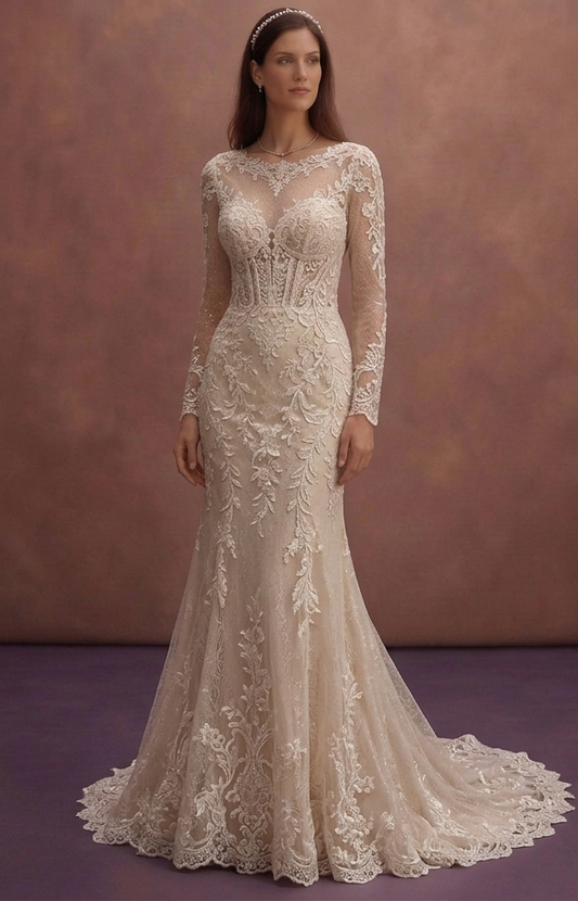 Champagne Lace Fit and Flare Wedding Dress with Train