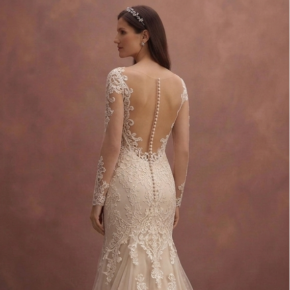 Champagne Lace Fit and Flare Wedding Dress with Train
