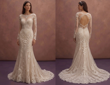 Champagne Lace Fit and Flare Wedding Dress with Train