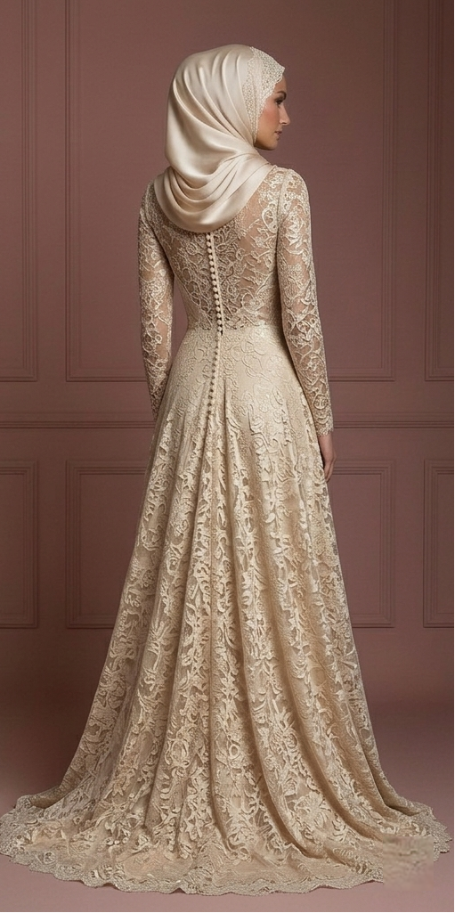Champagne Lace Long Sleeve Wedding Dress – Perfect Muslim Outfit