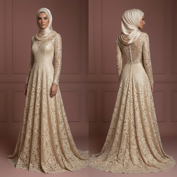 Champagne Lace Long Sleeve Wedding Dress – Perfect Muslim Outfit