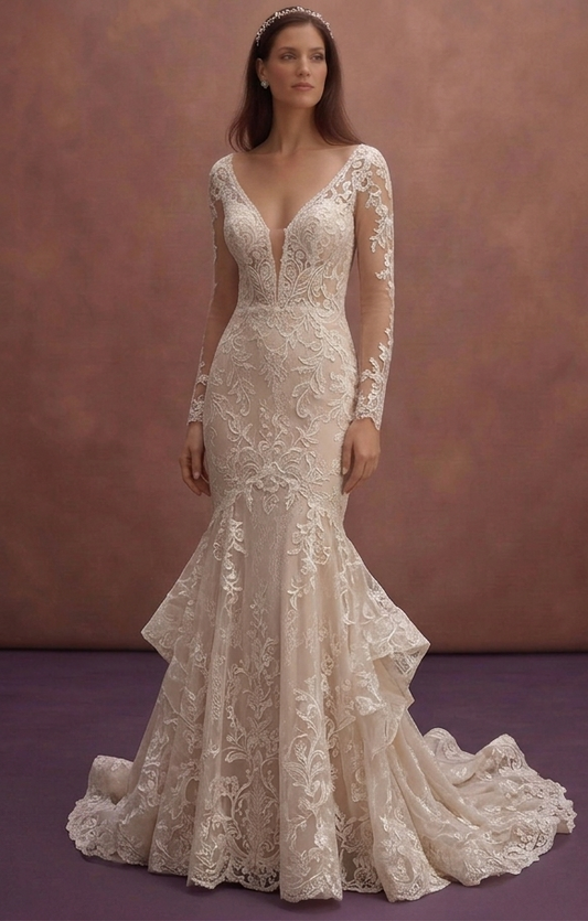 Champagne Lace Mermaid Bridal Dress with Sheer Sleeves