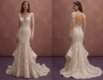 Champagne Lace Mermaid Bridal Dress with Sheer Sleeves
