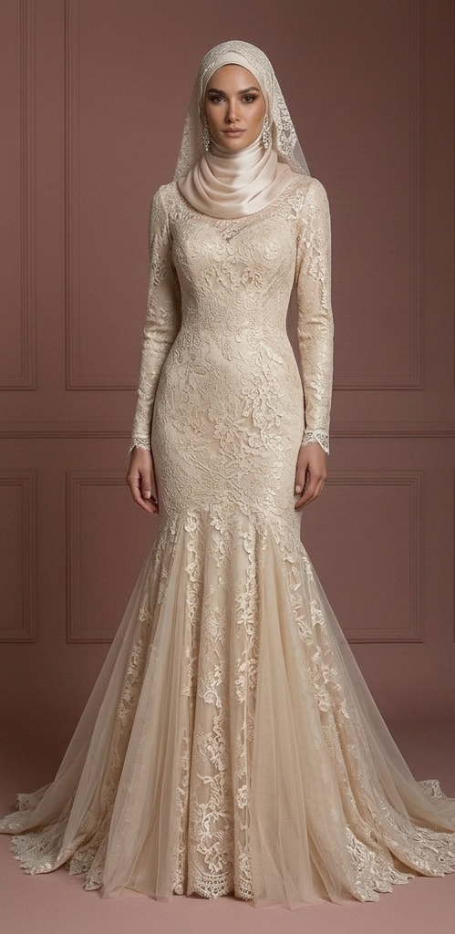 Champagne Lace Mermaid Wedding Dress – Stylish Hijab Gown Muslim