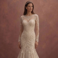 Champagne Lace Mermaid Wedding Dress with Long Sleeve Detail