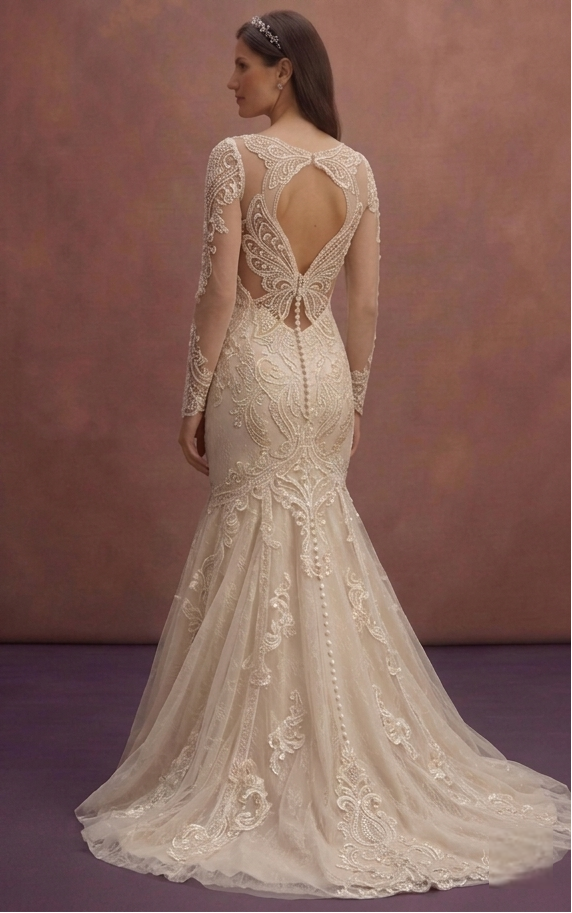 Champagne Lace Mermaid Wedding Dress with Long Sleeve Detail