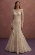 Champagne Lace Mermaid Wedding Dress with Long Sleeve Detail