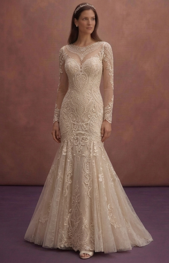 Champagne Lace Mermaid Wedding Dress with Long Sleeve Detail