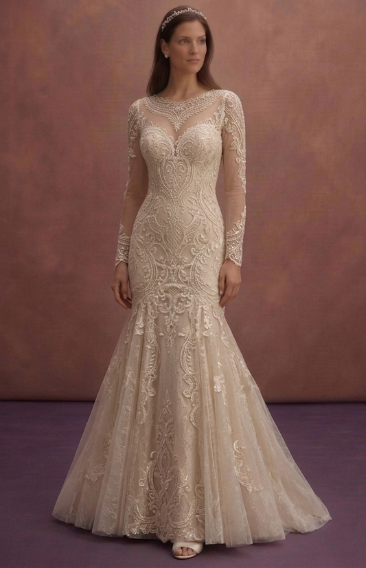 Champagne Lace Mermaid Wedding Dress with Long Sleeve Detail