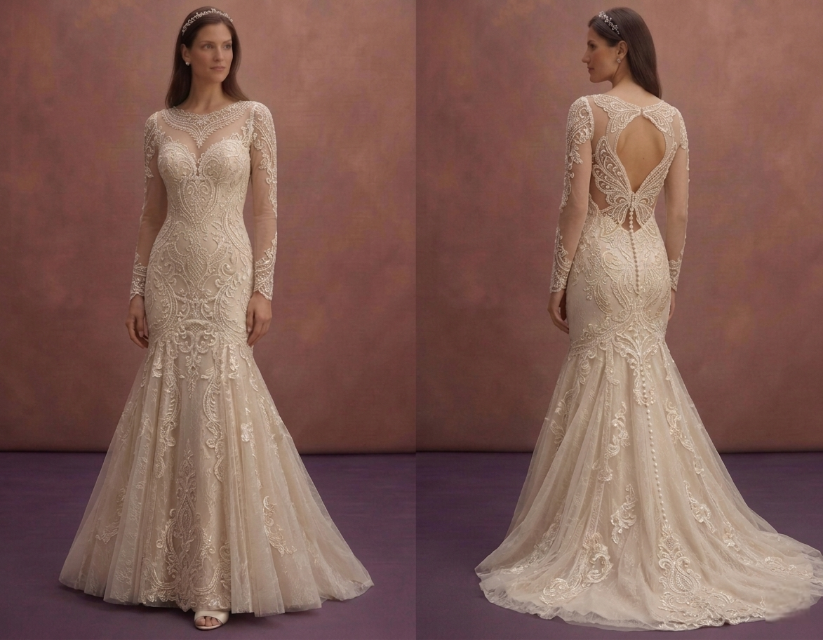 Champagne Lace Mermaid Wedding Dress with Long Sleeve Detail