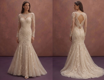 Champagne Lace Mermaid Wedding Dress with Long Sleeve Detail