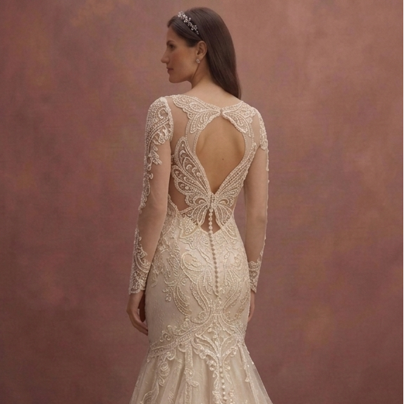 Champagne Lace Mermaid Wedding Dress with Long Sleeve Detail