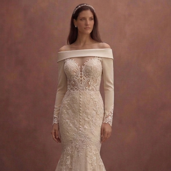 Champagne Lace Mermaid Wedding Dress with Long Train