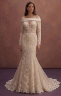 Champagne Lace Mermaid Wedding Dress with Long Train