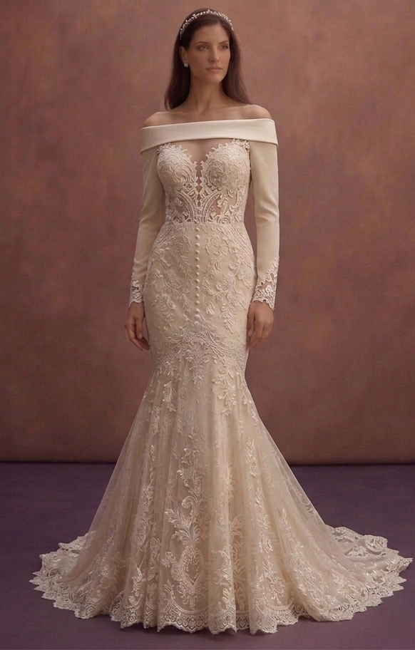 Champagne Lace Mermaid Wedding Dress with Long Train