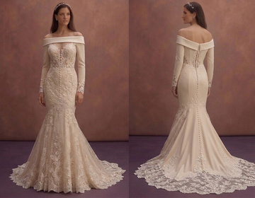 Champagne Lace Mermaid Wedding Dress with Long Train