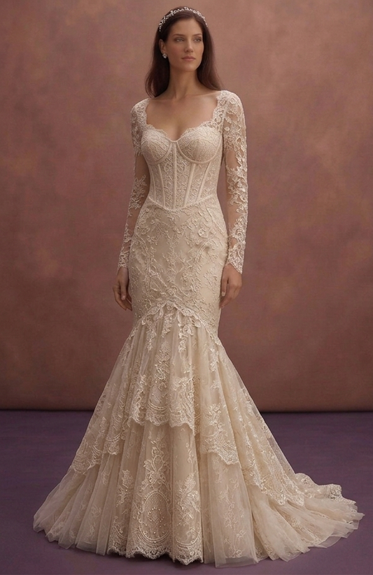 Champagne Lace Mermaid Wedding Dress with Open Corset Back