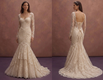 Champagne Lace Mermaid Wedding Dress with Open Corset Back