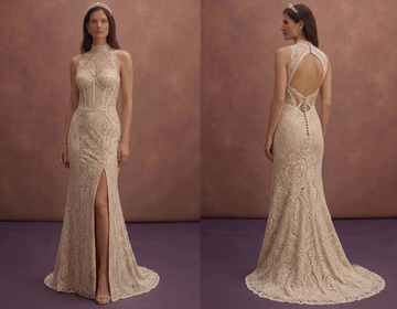 Champagne Lace Sheath Wedding Dress with Modern Silhouette