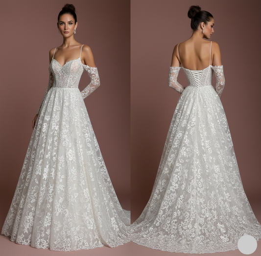 Champagne Lace Wedding Dress Vintage Long Aesthetic Romantic